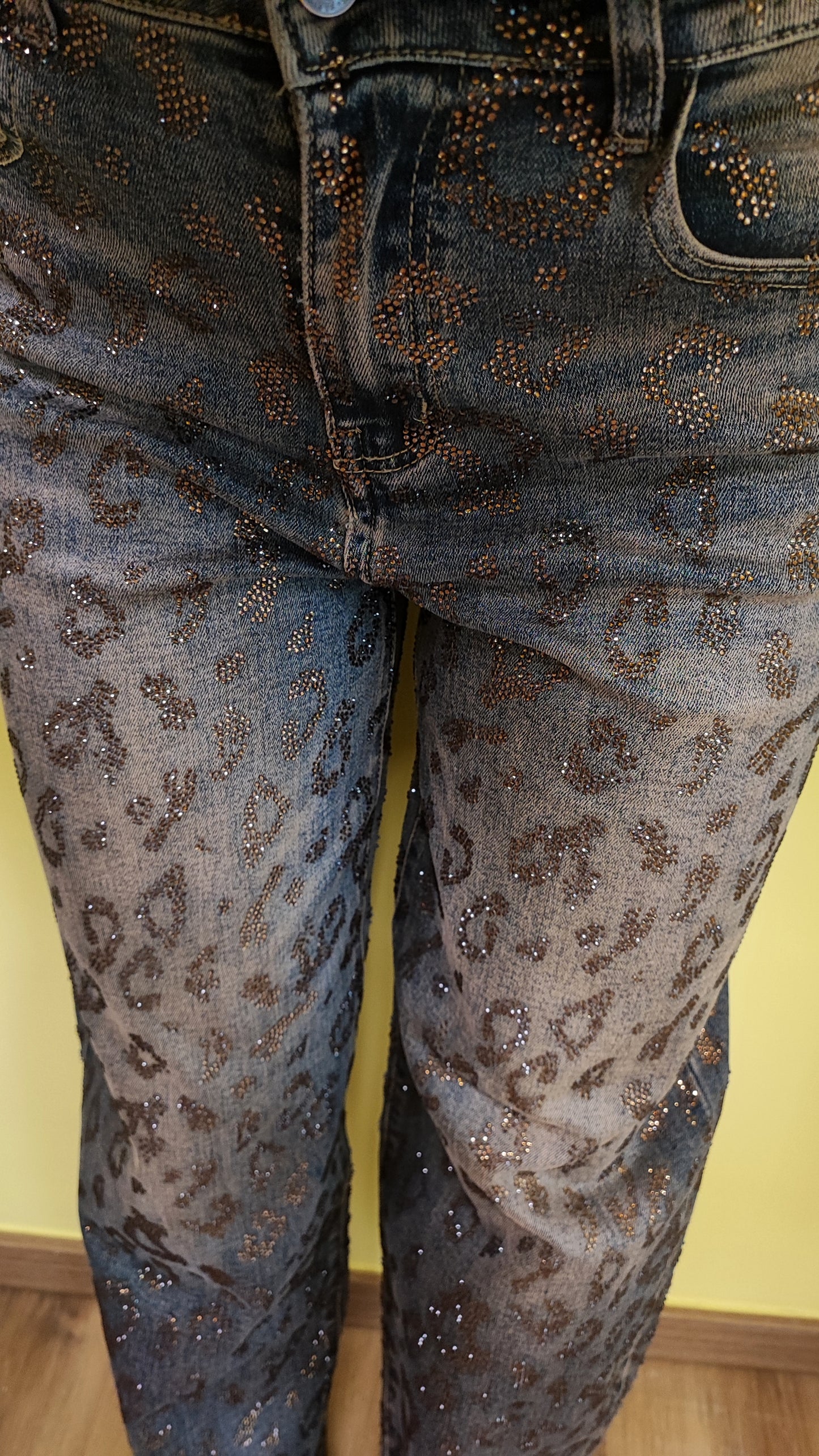 Jeans palazzo maculato brillantinato marrone