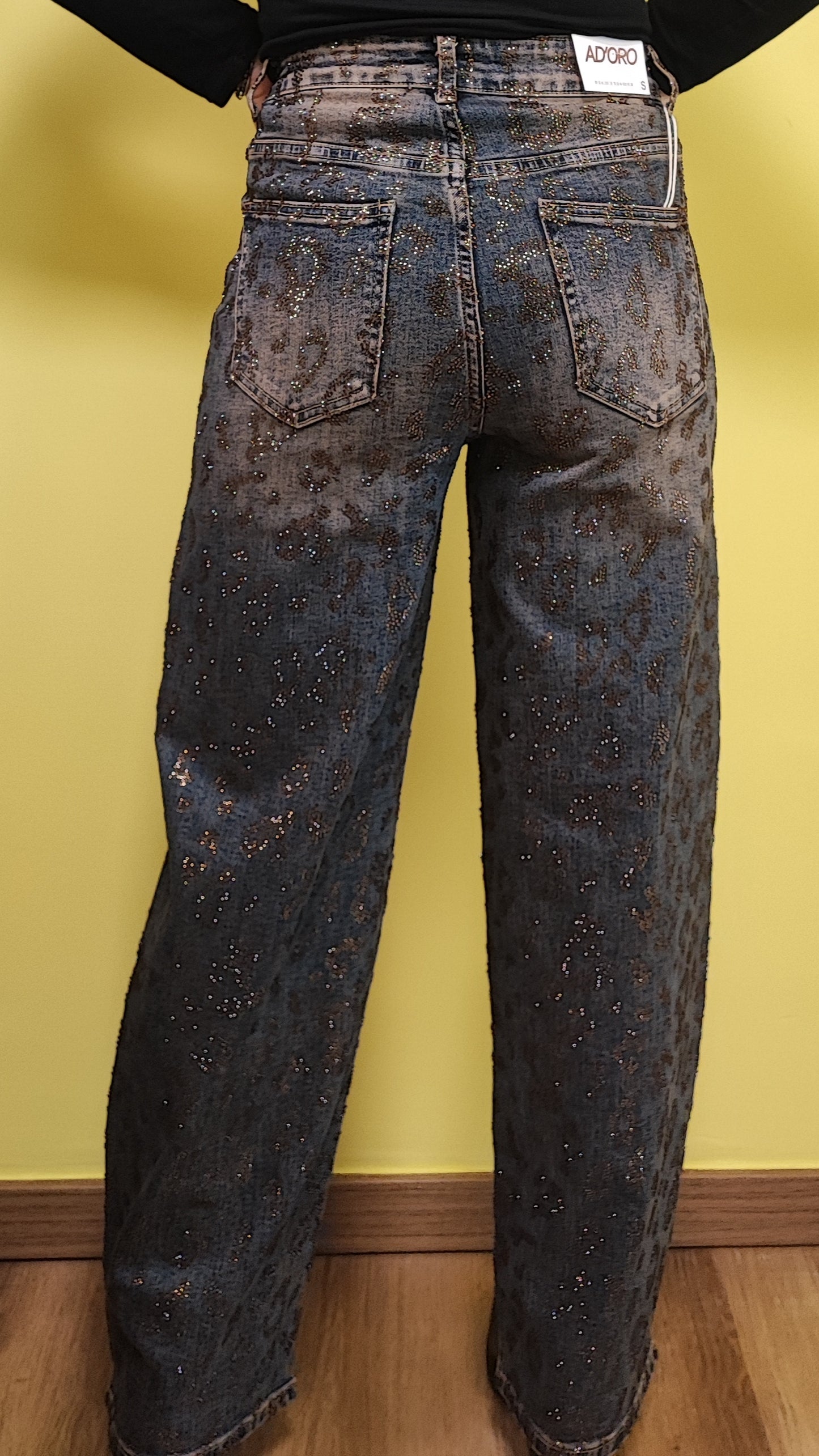 Jeans palazzo maculato brillantinato marrone