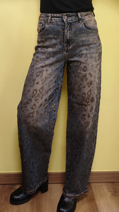 Jeans palazzo maculato brillantinato marrone