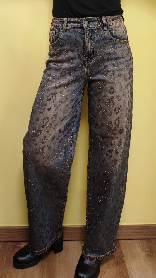 Jeans palazzo maculato brillantinato marrone