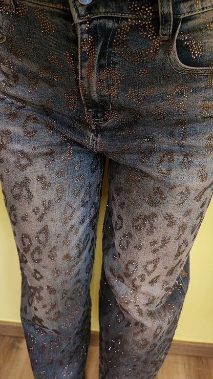 Jeans palazzo maculato brillantinato marrone