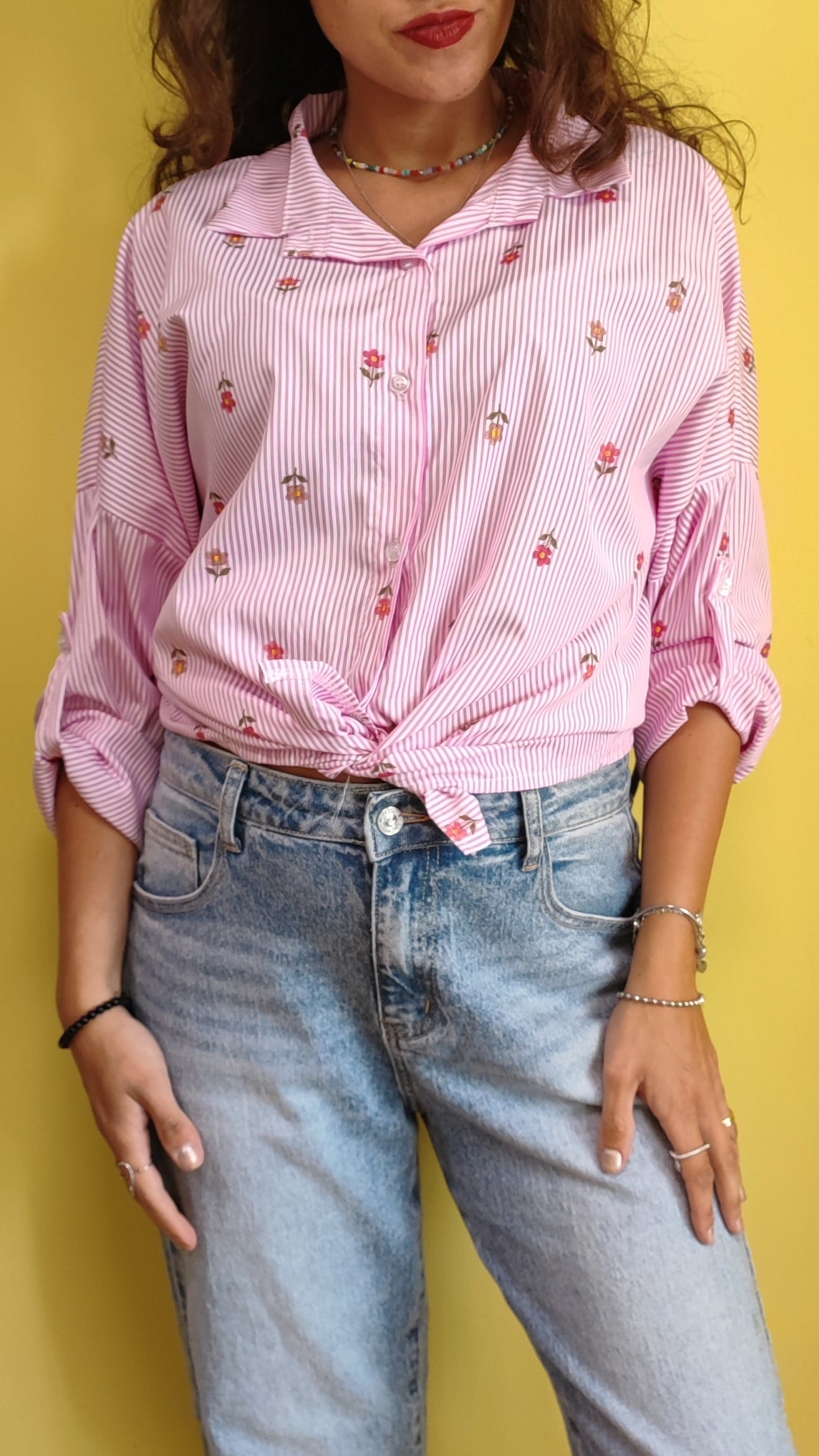 Camicia righe rosa e fiorellini